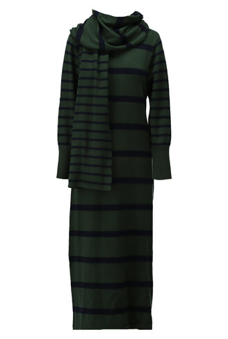 K-Design jurk gebreid maxi met strepen & sjaal deep forest FW26